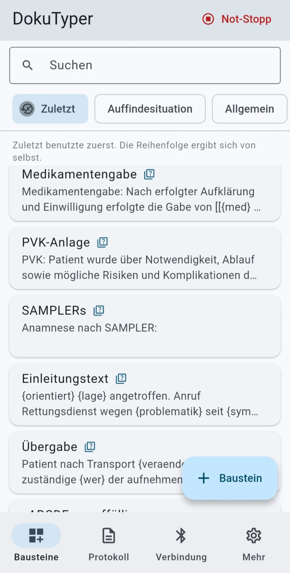 Die Bausteine-Liste der App mit den Einträgen
                      Medikamentengabe, PVK-Anlage, SAMPLERs, Einleitungstext
                      und Übergabe