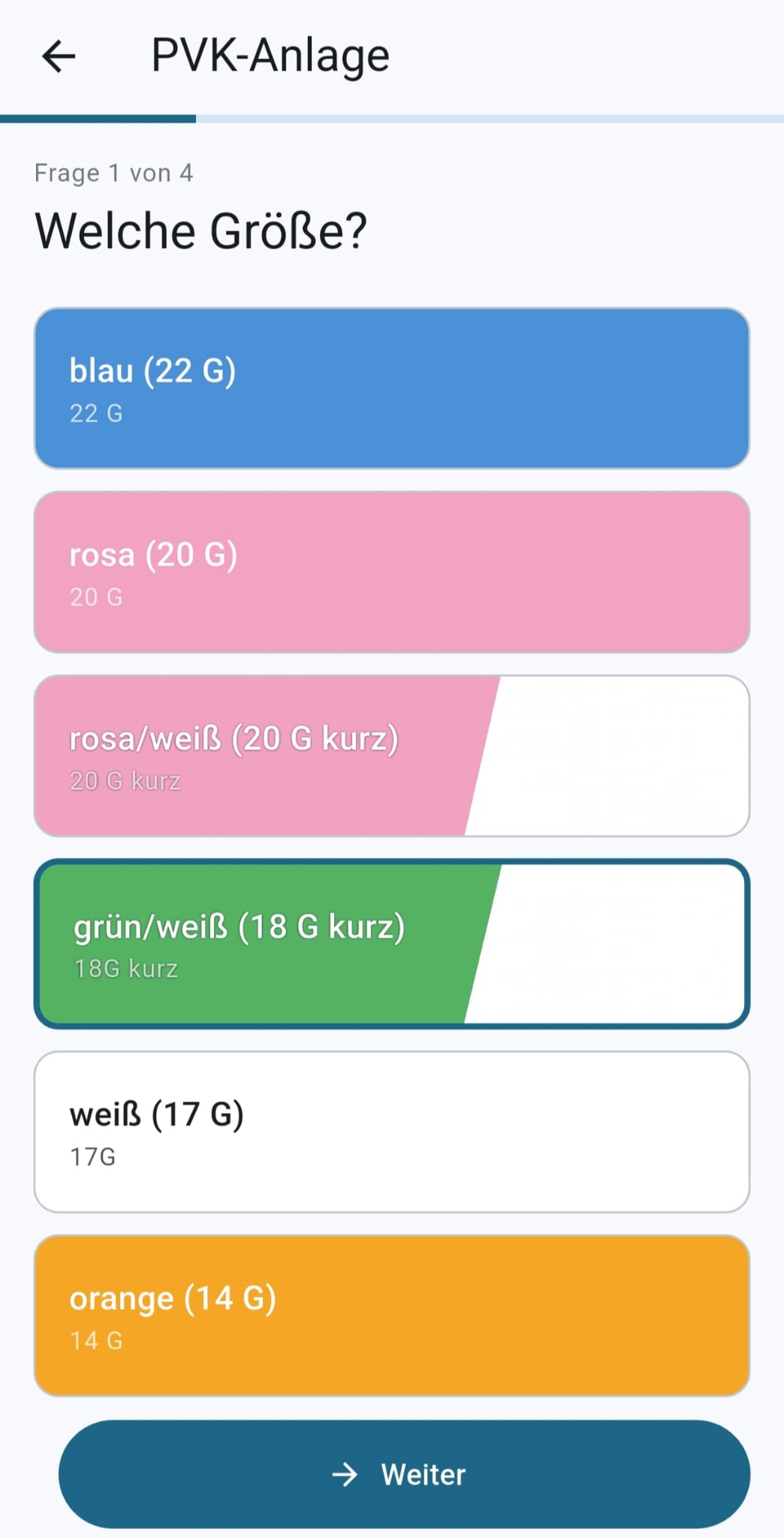 Die Frage nach der Kanülengröße: sechs Flächen in den
                      Farben der Venenverweilkanülen, von blau über rosa und
                      grün bis orange; die zweifarbigen sind schräg geteilt,
                      wie die Kanüle selbst